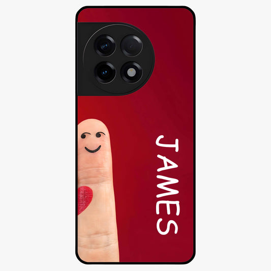 Smiling Heart Bond Glass Case for 1+11R cute front view featuring playful heart themed artwork