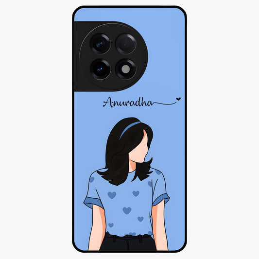 Soft Hearts Girl Glass Case for 1+11R cute front view featuring illustrated girl with soft heart accents