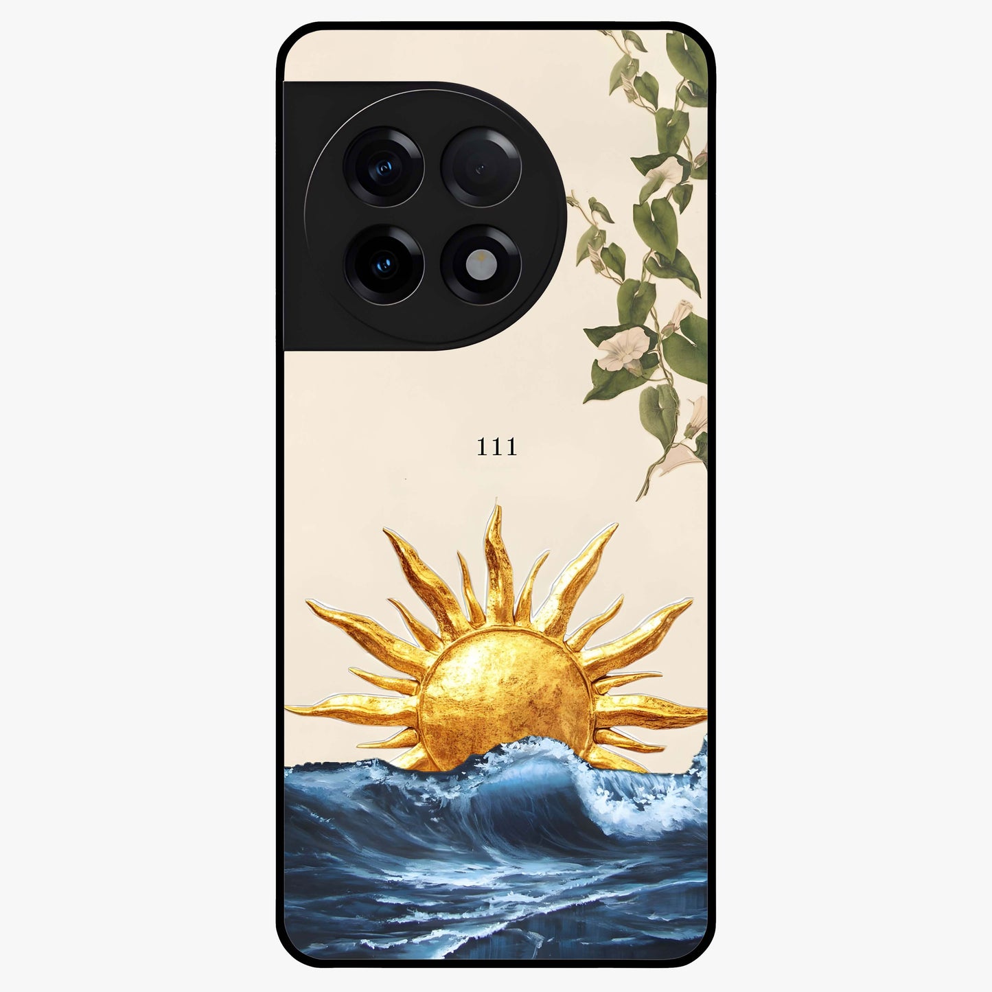 Solar Wave Bloom Glass Case for 1+11R vibrant front view featuring floral artwork blended with solar wave patterns