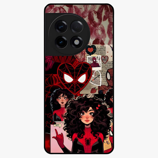 Spider Love Story Glass Case for 1+11R bold front view featuring superhero inspired romantic artwork