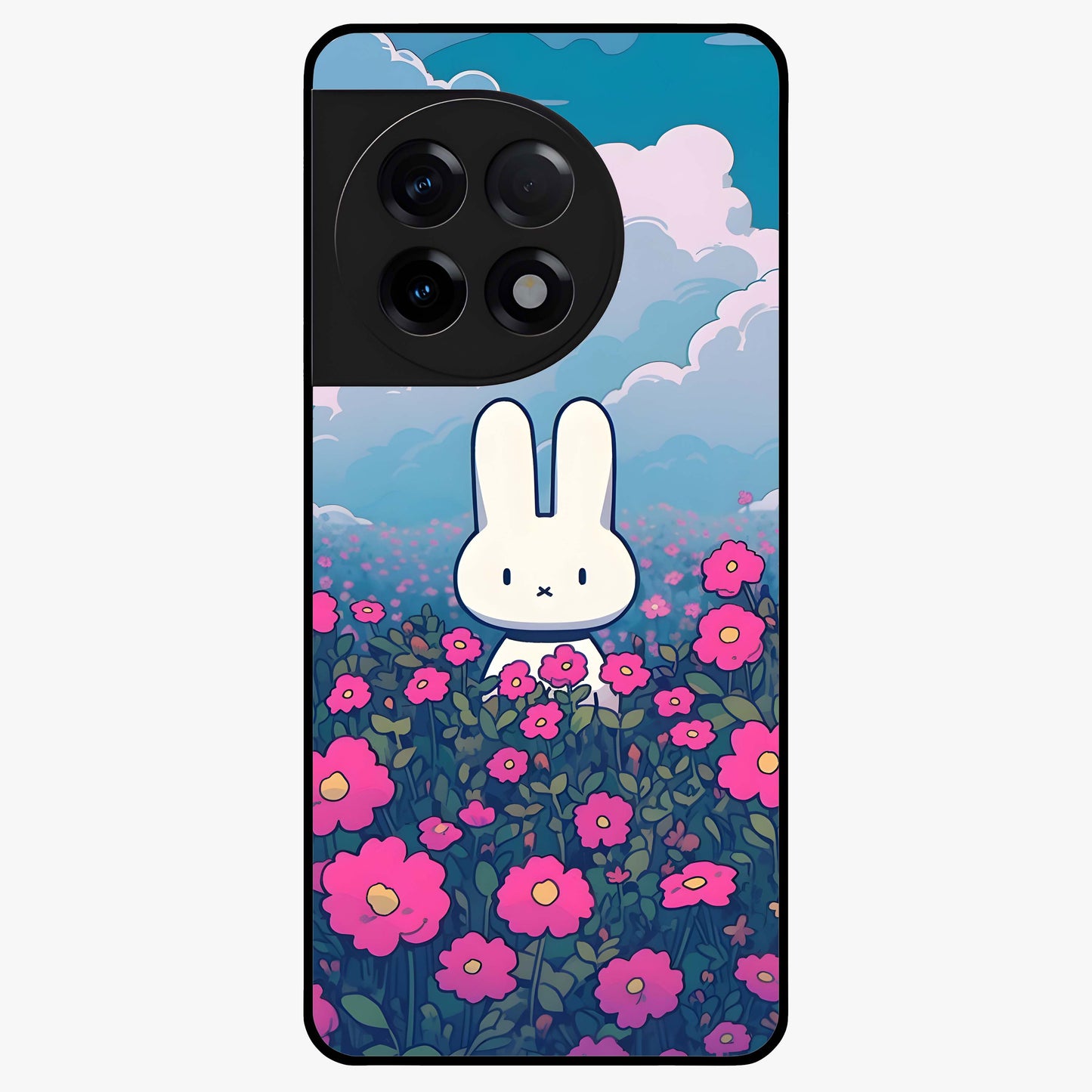 Springtime Blossom Bunny Glass Case for 1+11R adorable front view featuring bunny artwork with spring floral accents
