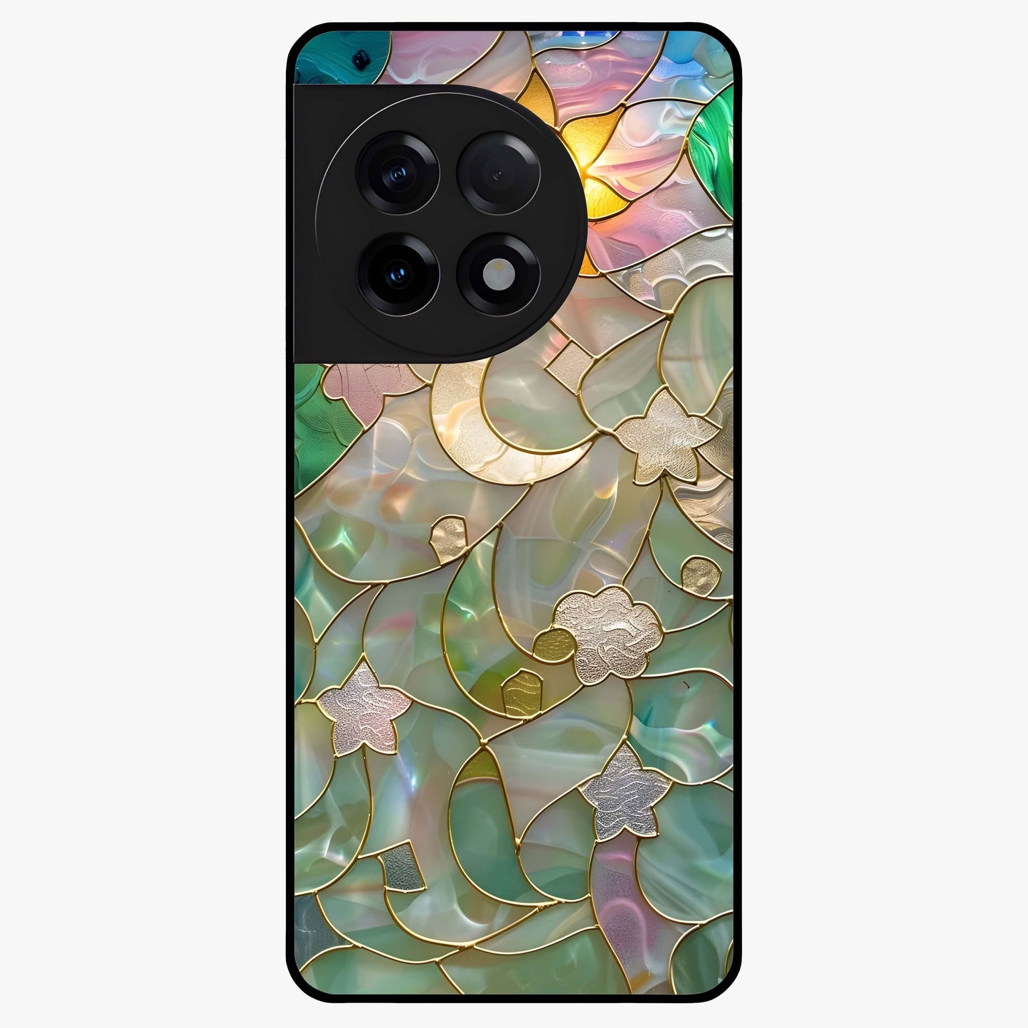 Stained Sunrise Glow Glass Case for 1+11R radiant front view featuring sunrise inspired stained glass artwork