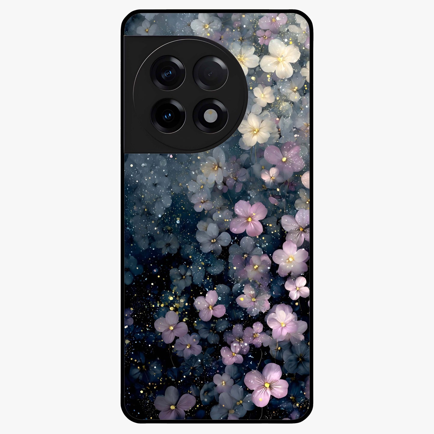 Starlit Blossom Dreams Glass Case for 1+11R dreamy front view featuring floral artwork under sparkling night sky