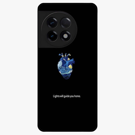 Starry Heart Compass Glass Case for 1+11R artistic front view featuring heart shaped compass artwork with star details