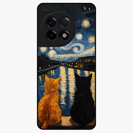 Starry River Cats Glass Case for 1+11R artistic front view featuring cats by a glowing river under starry sky