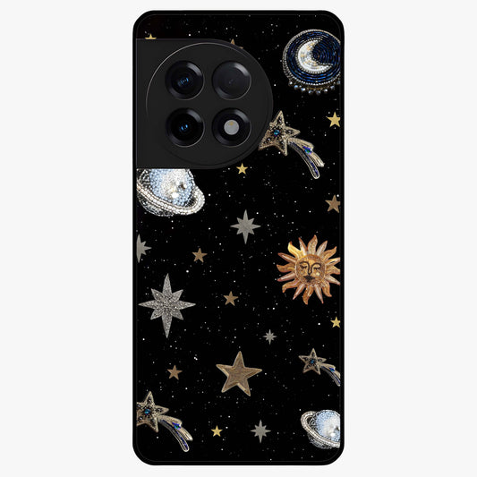 Stars and Planets Brooches Glass Case for 1+11R elegant front view featuring celestial jewelry inspired artwork