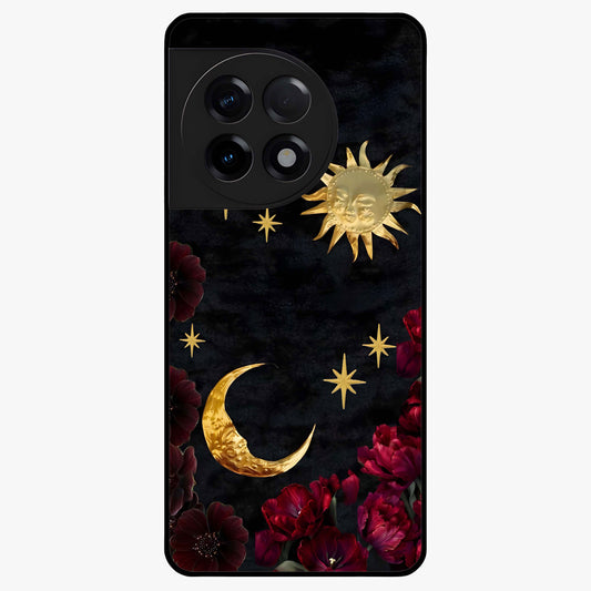 Sun Moon Flowers Glass Case for 1+11R artistic front view featuring floral artwork with sun and moon accents