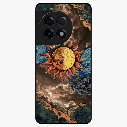 Sun Moon Stormy Sky Glass Case for 1+11R dramatic front view featuring sun and moon artwork over stormy sky