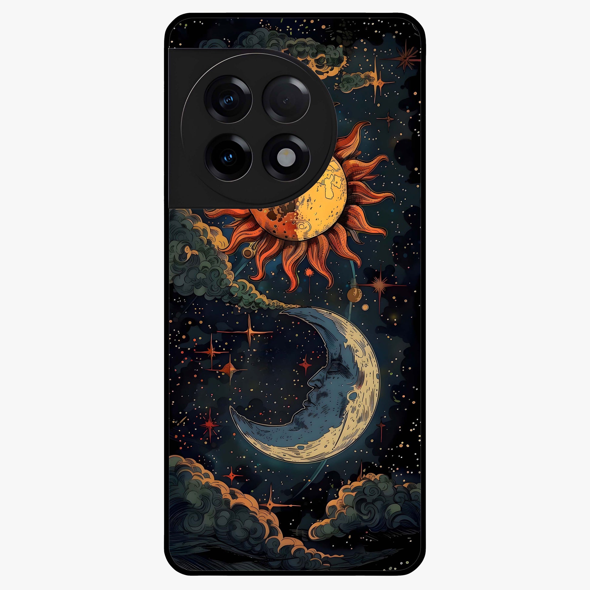 Sun and Moon Magic Design Glass Case for 1+11R artistic front view featuring symbolic sun and moon artwork