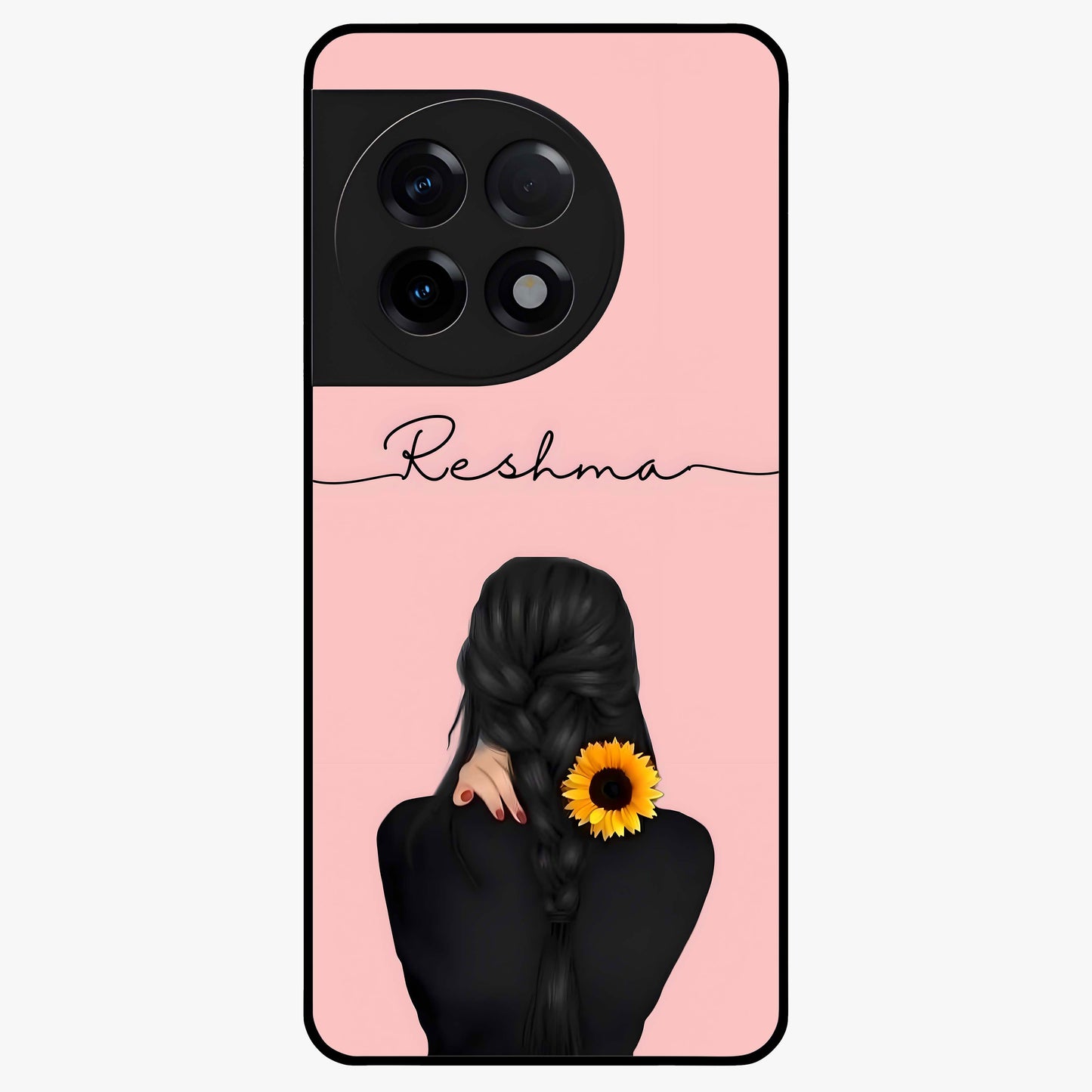 Sunflower Braid Beauty With Custom Name Glass Case for 1+11R charming front view featuring braided hairstyle with sunflower artwork and personalized name