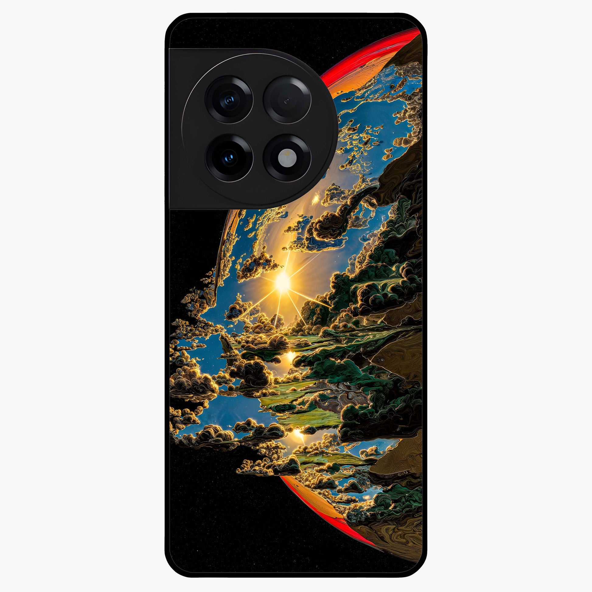Sunrise Bursting Glass Case for 1+11R radiant front view featuring vibrant sunrise inspired artwork