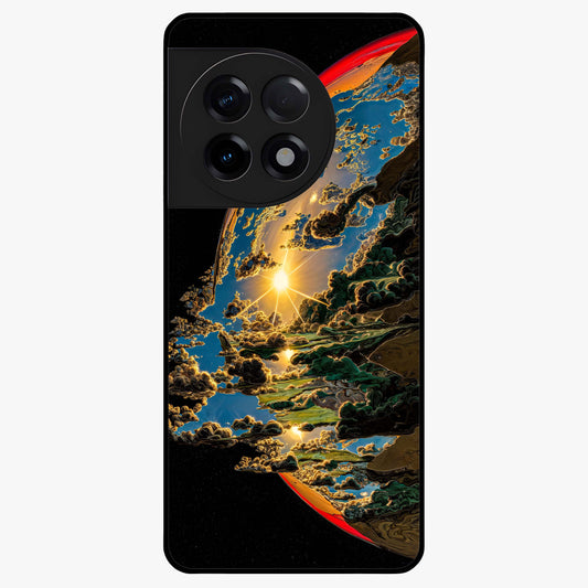 Sunrise Bursting Glass Case for 1+11R radiant front view featuring vibrant sunrise inspired artwork