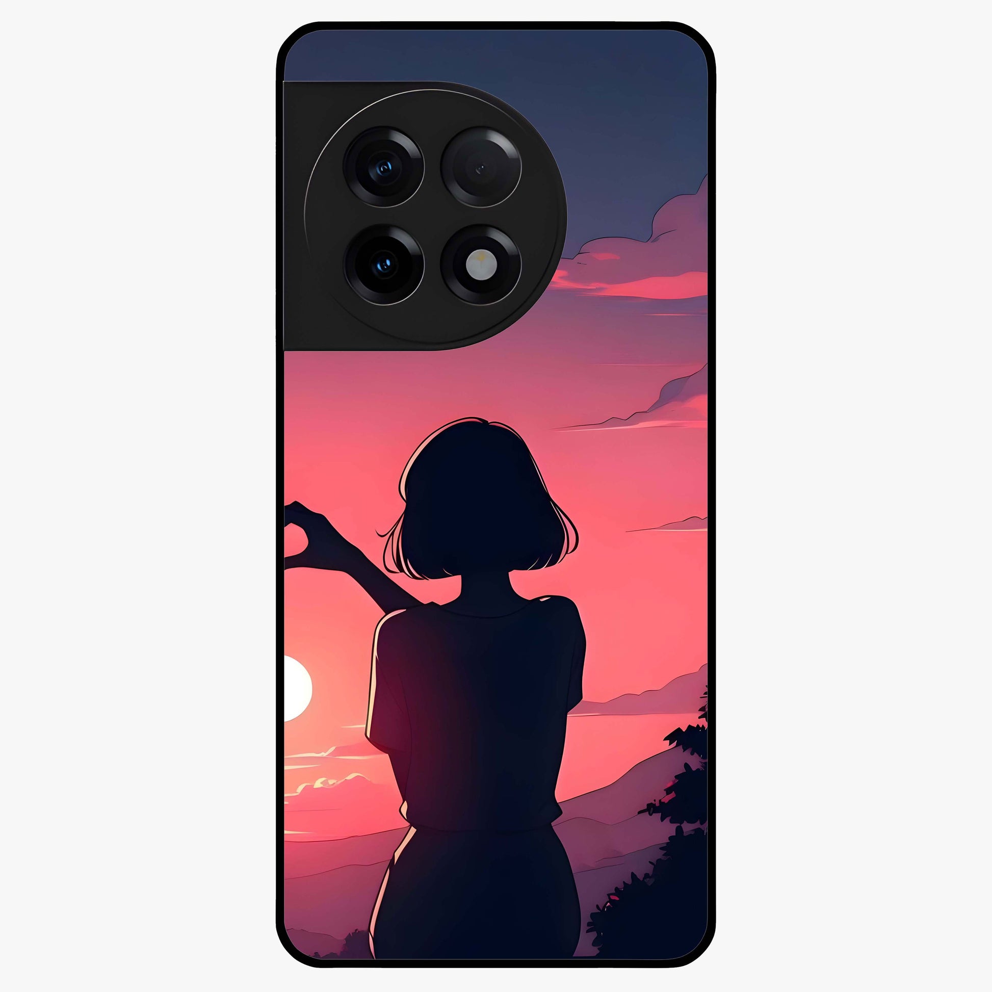 Sunset Silhouette Boy Glass Case for 1+11R artistic front view featuring boy silhouette against warm sunset backdrop