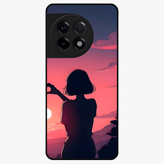 Sunset Silhouette Boy Glass Case for 1+11R artistic front view featuring boy silhouette against warm sunset backdrop