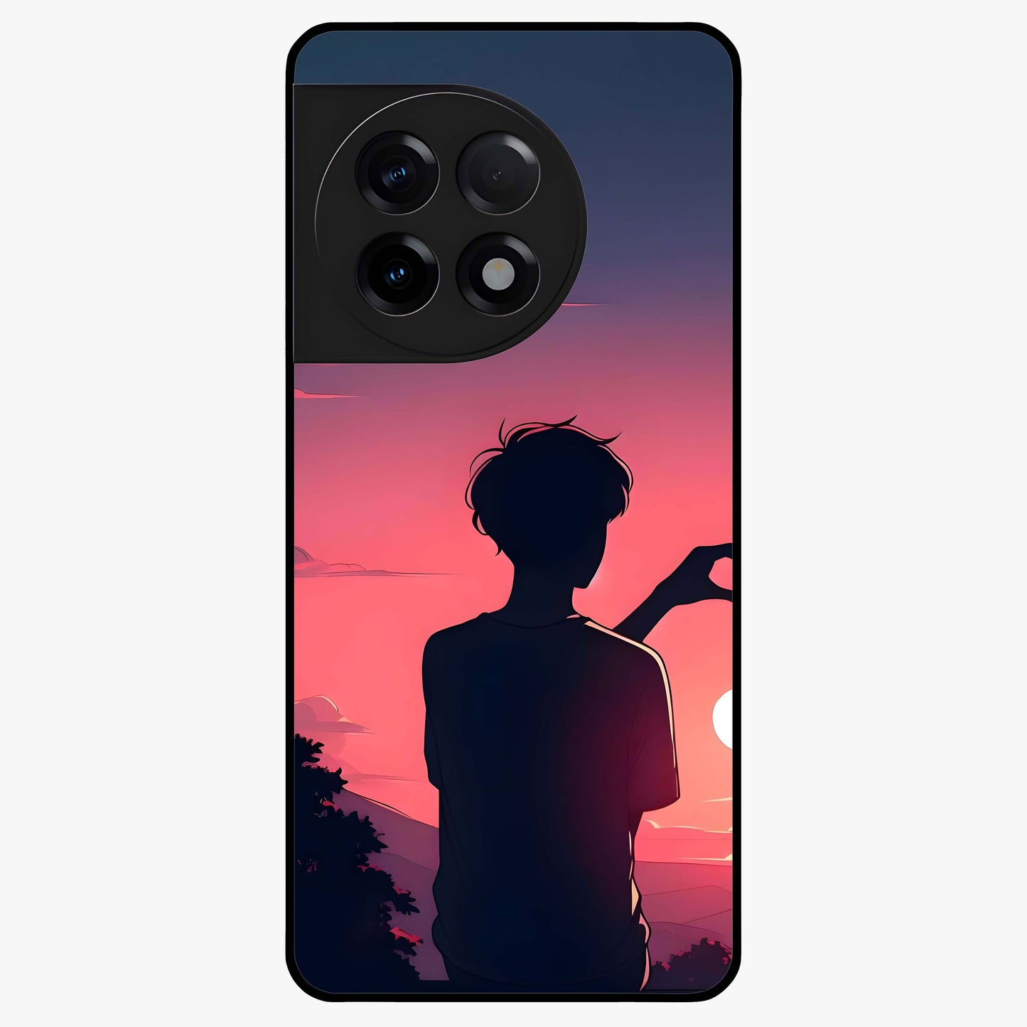 Sunset Silhouette Girl Glass Case for 1+11R aesthetic front view featuring girl silhouette under glowing sunset sky