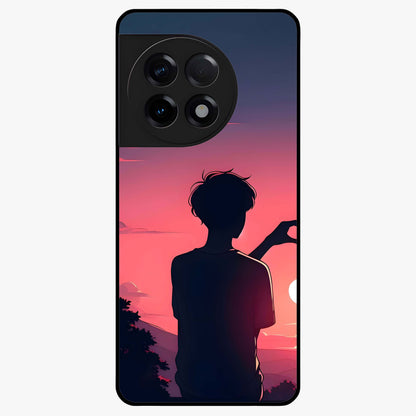 Sunset Silhouette Girl Glass Case for 1+11R aesthetic front view featuring girl silhouette under glowing sunset sky