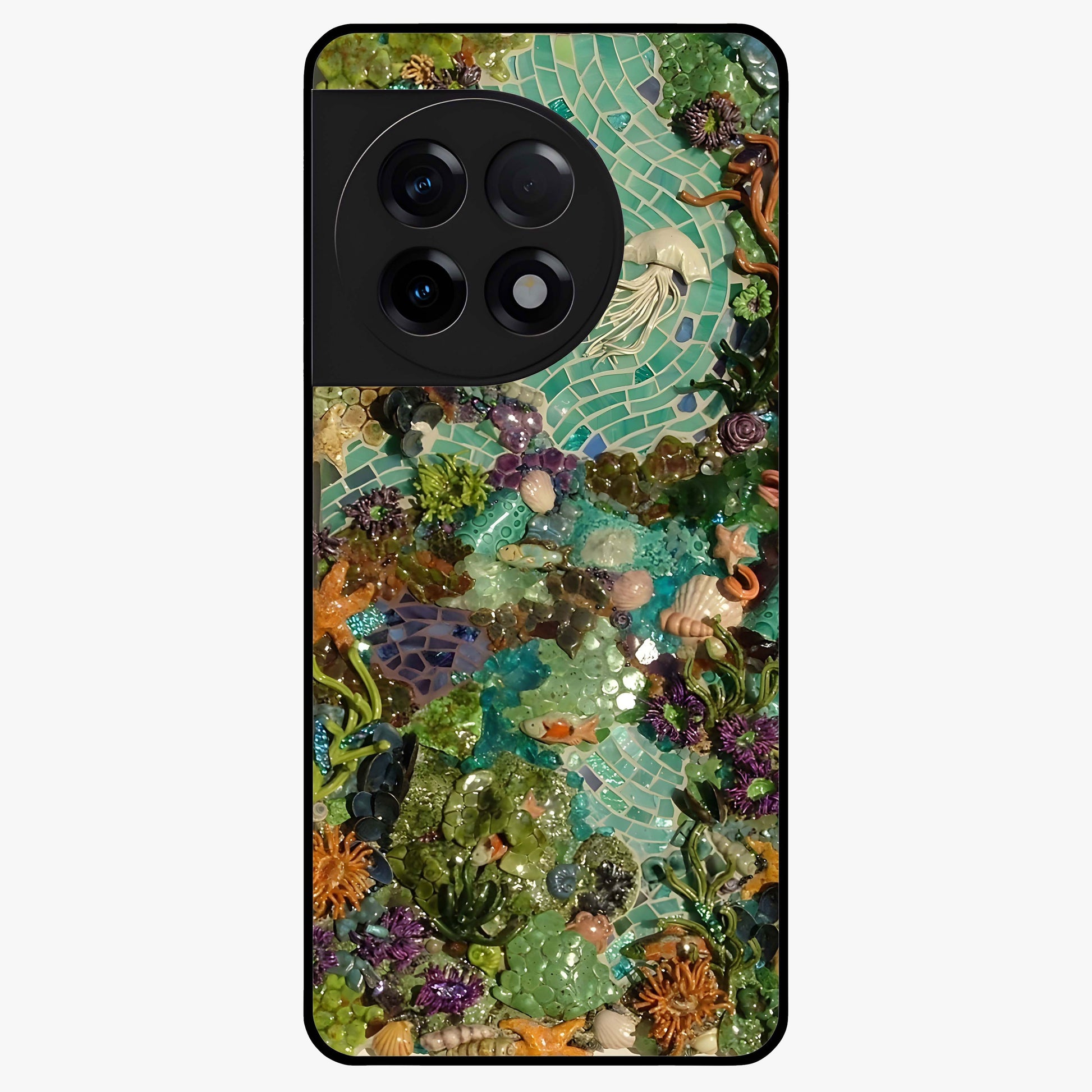 Underwater Mosaic Art Glass Case for 1+11R artistic front view featuring mosaic inspired underwater artwork