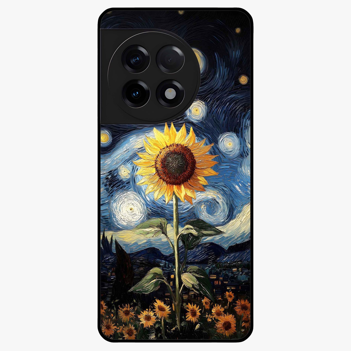 Van Gogh Sunflower Glass Case for 1+11R vibrant front view featuring sunflower artwork in painterly style