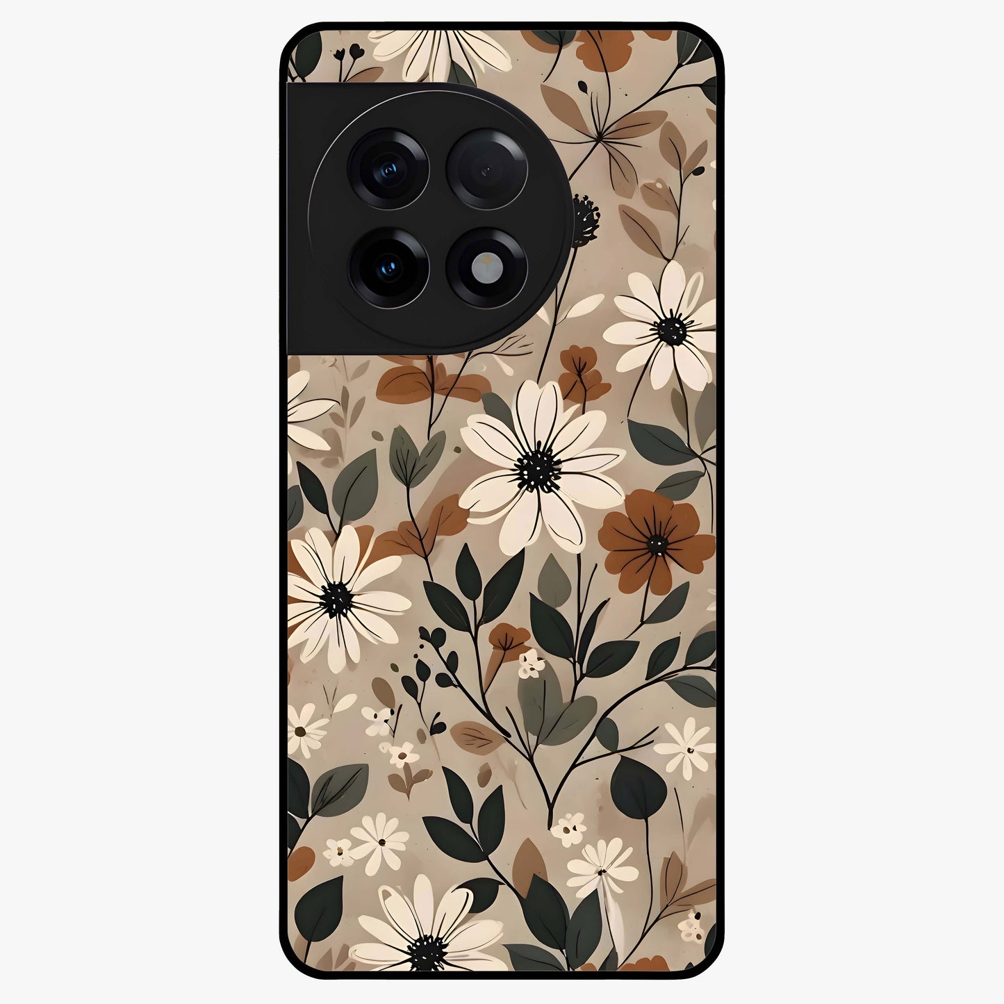 Vector Flowers Glass Case for 1+11R clean front view featuring sharp vector style floral artwork