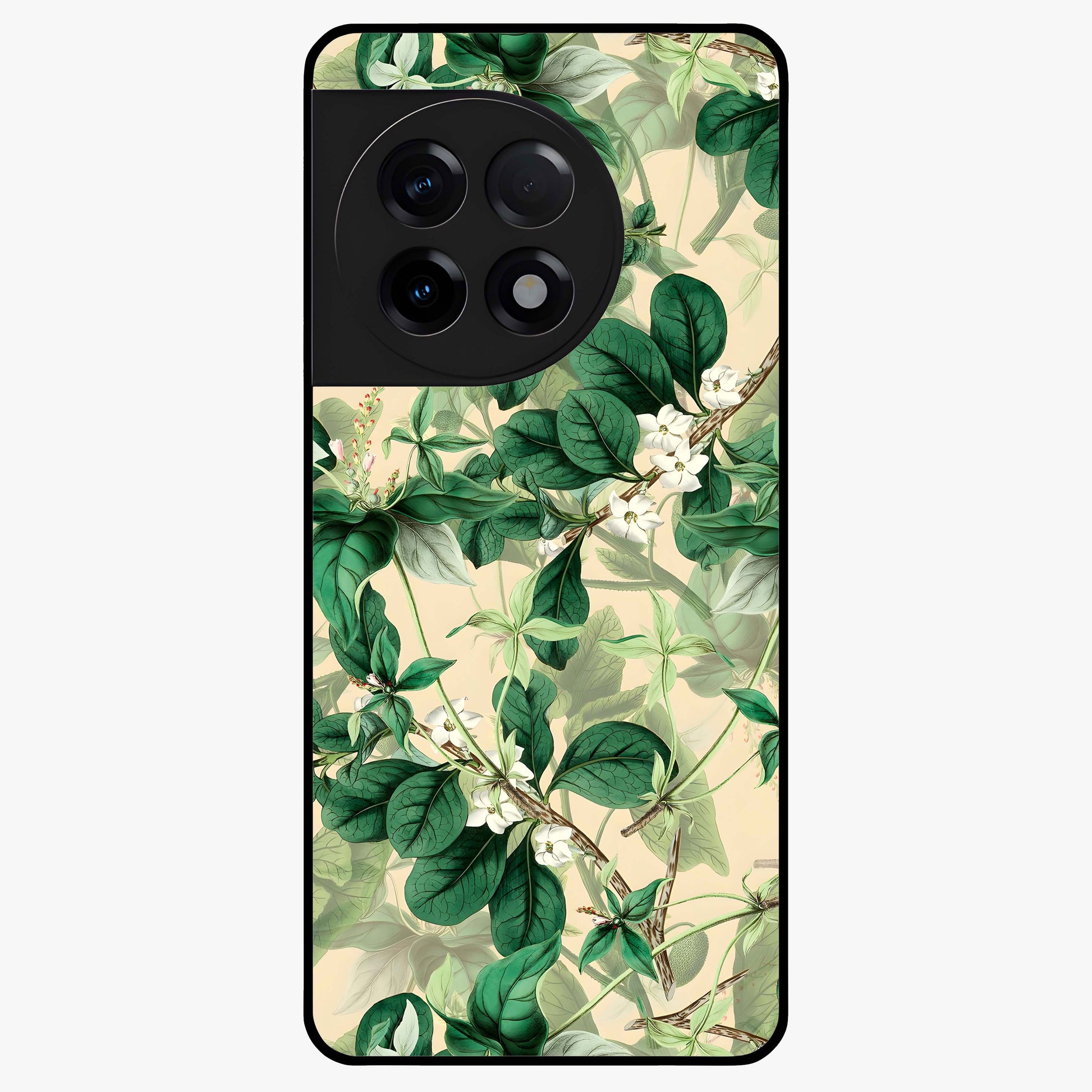 Verdant Garden Whispers Glass Case for 1+11R serene front view featuring lush green floral artwork