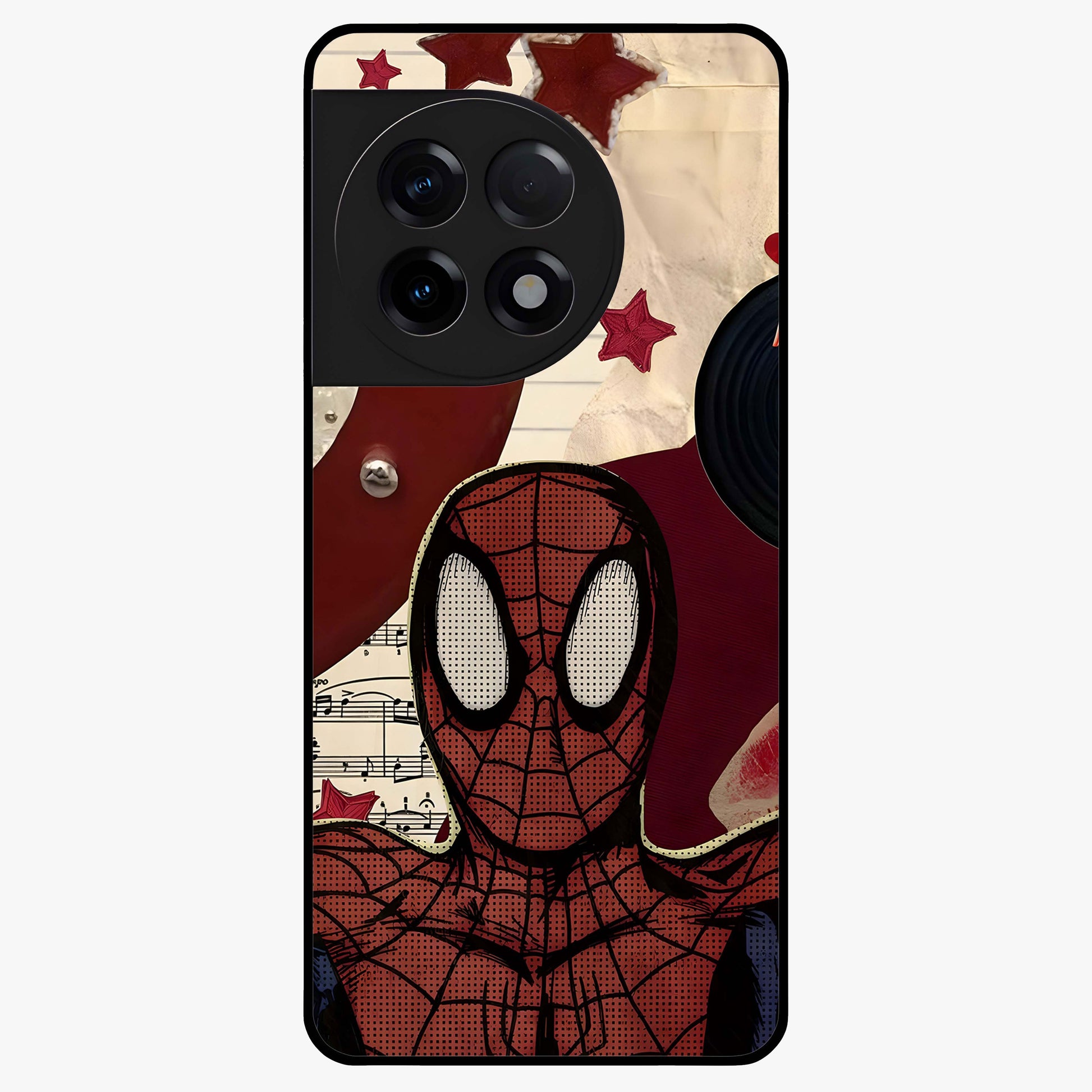Web Warrior Vibes Glass Case for 1+11R dynamic front view featuring superhero inspired web themed artwork