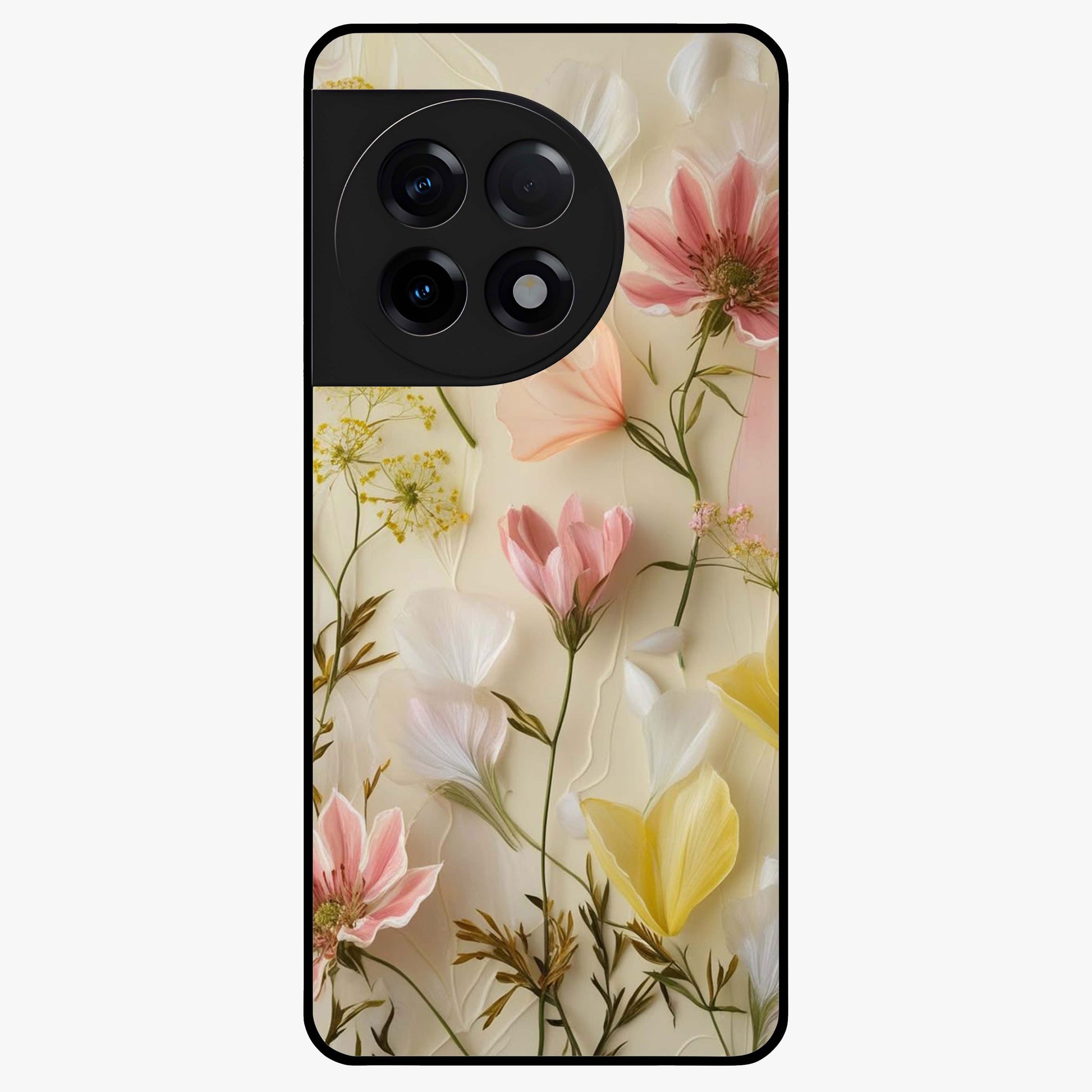 Whispering Petal Harmony Glass Case for 1+11R elegant front view featuring soft floral artwork in pastel tones