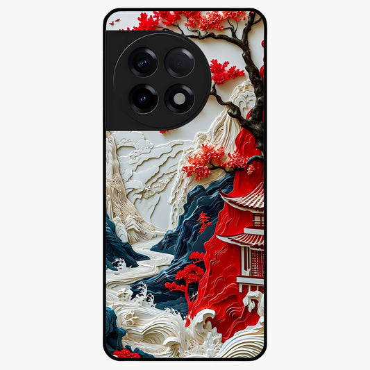 Whispers of Sakura Waves Glass Case for 1+11R artistic front view featuring cherry blossom artwork blended with flowing waves