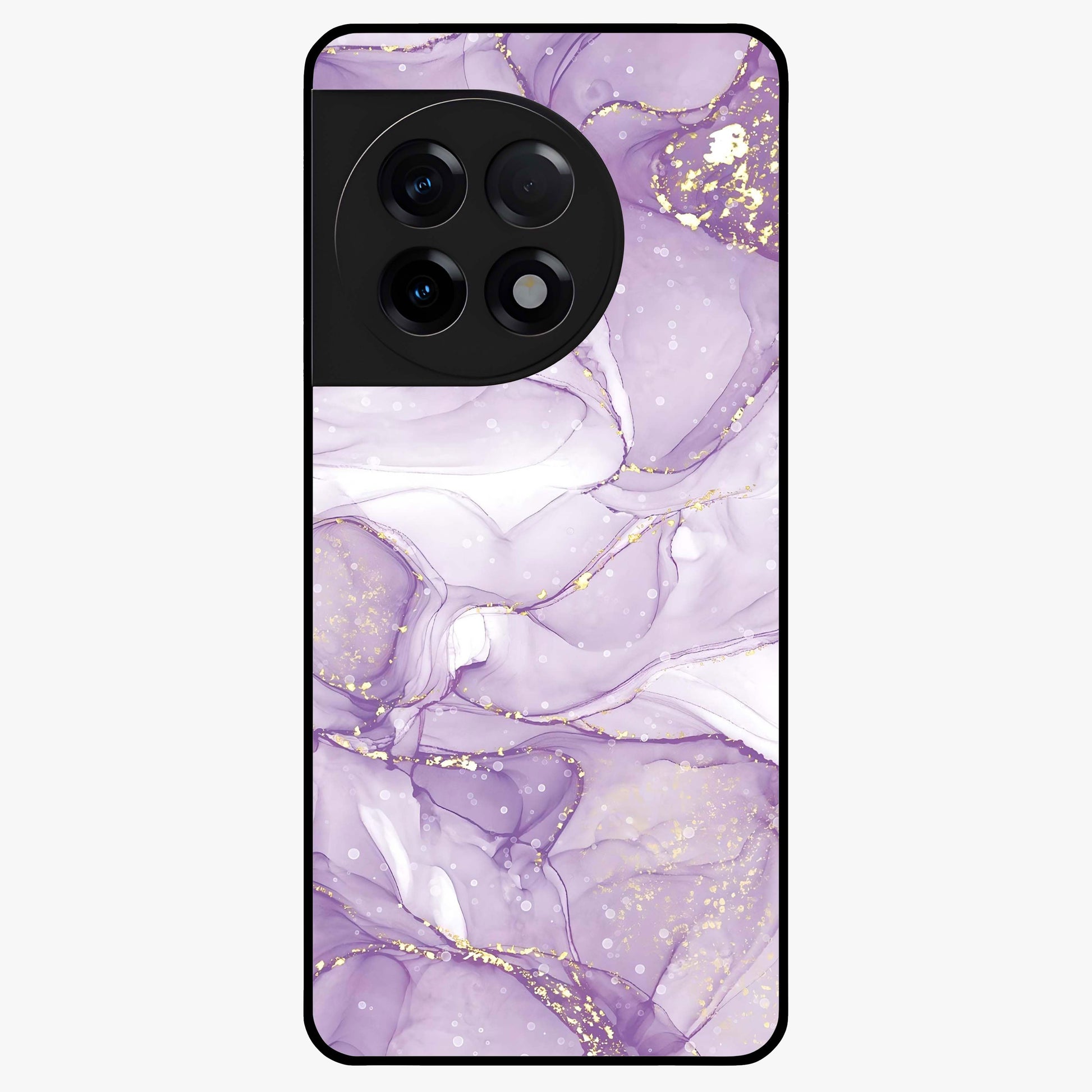 White and Purple Marble Glass Case for 1+11R elegant front view featuring marble texture artwork in white and violet tones