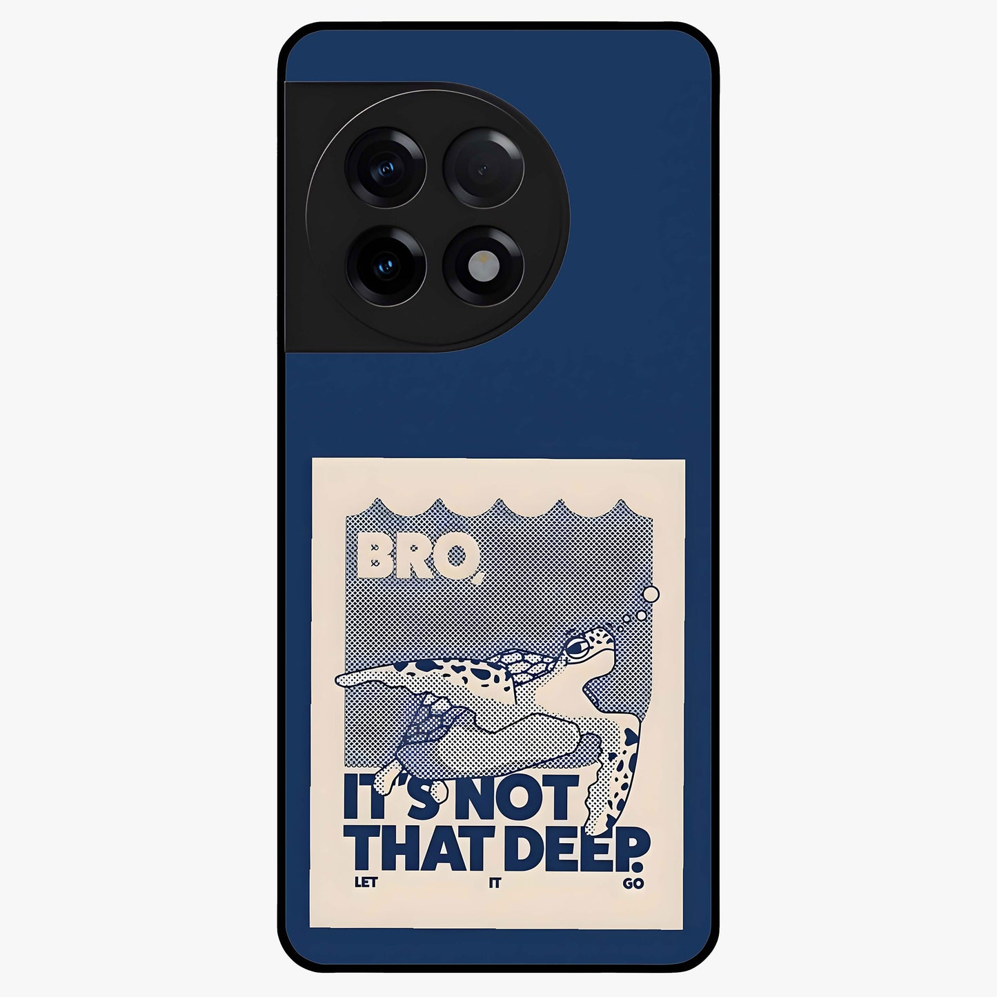 Worry Less Swim Glass Case for 1+11R uplifting front view featuring motivational typography with aquatic theme