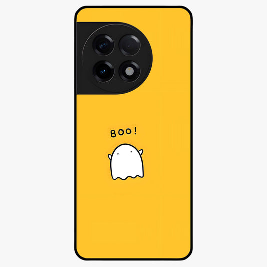 Yellow Boo Ghost Glass Case for 1+11R playful front view featuring cute ghost artwork in vibrant yellow tones