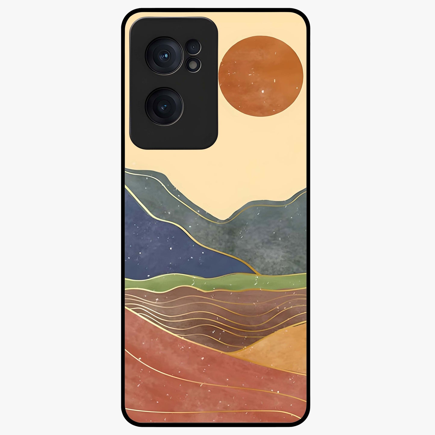 Abstract Mountain Glow Glass Case for 1+Nord CE 2  front view featuring glowing mountain landscape artwork