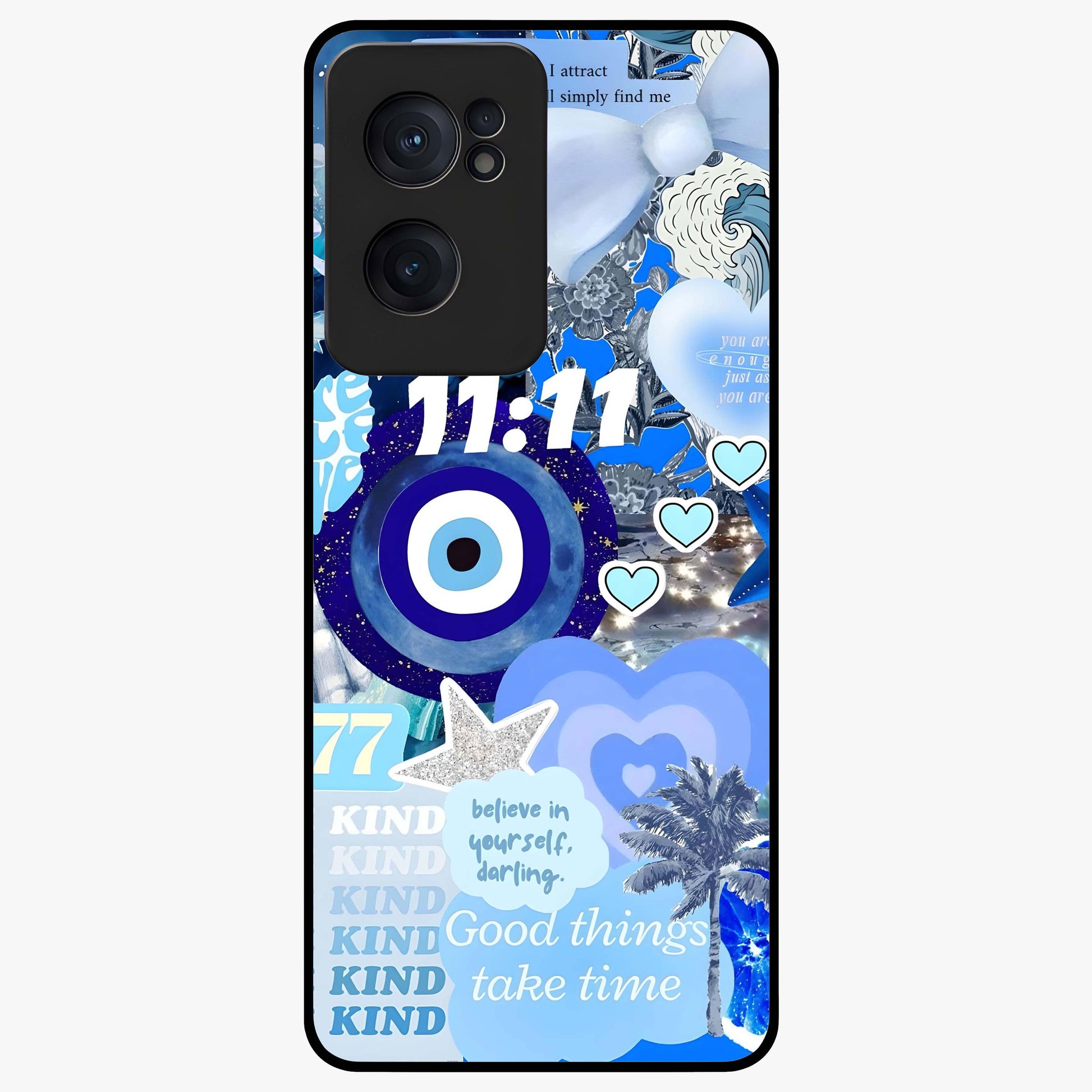 Aesthetic Be Kind Eye Glass Case for 1+Nord CE 2  front view featuring minimal eye illustration with positive message