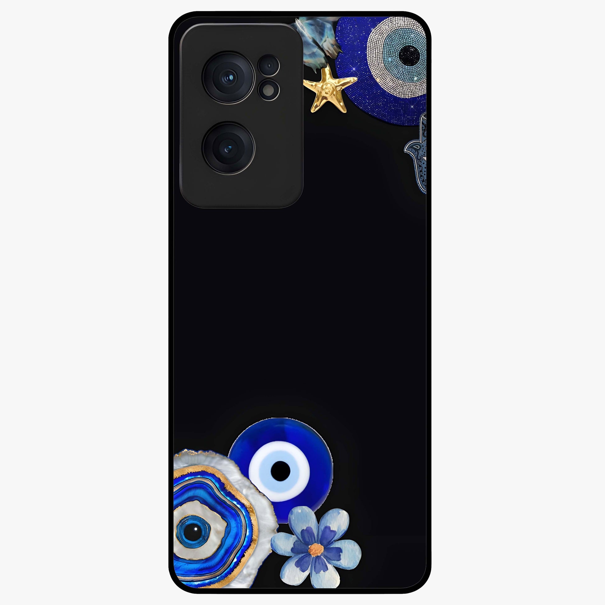 Aesthetic Blue Evil Eye Glass Case for 1+Nord Ce 2  front view featuring vibrant traditional evil eye artwork