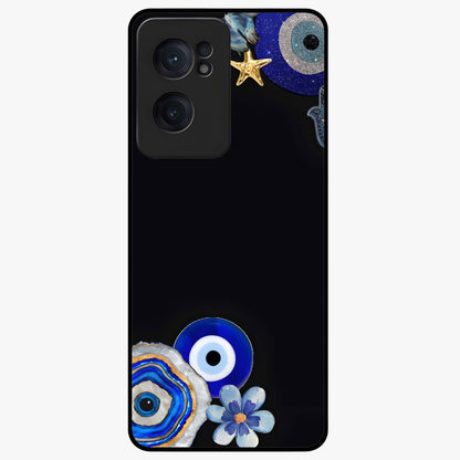 Aesthetic Blue Evil Eye Glass Case for 1+Nord Ce 2  front view featuring vibrant traditional evil eye artwork