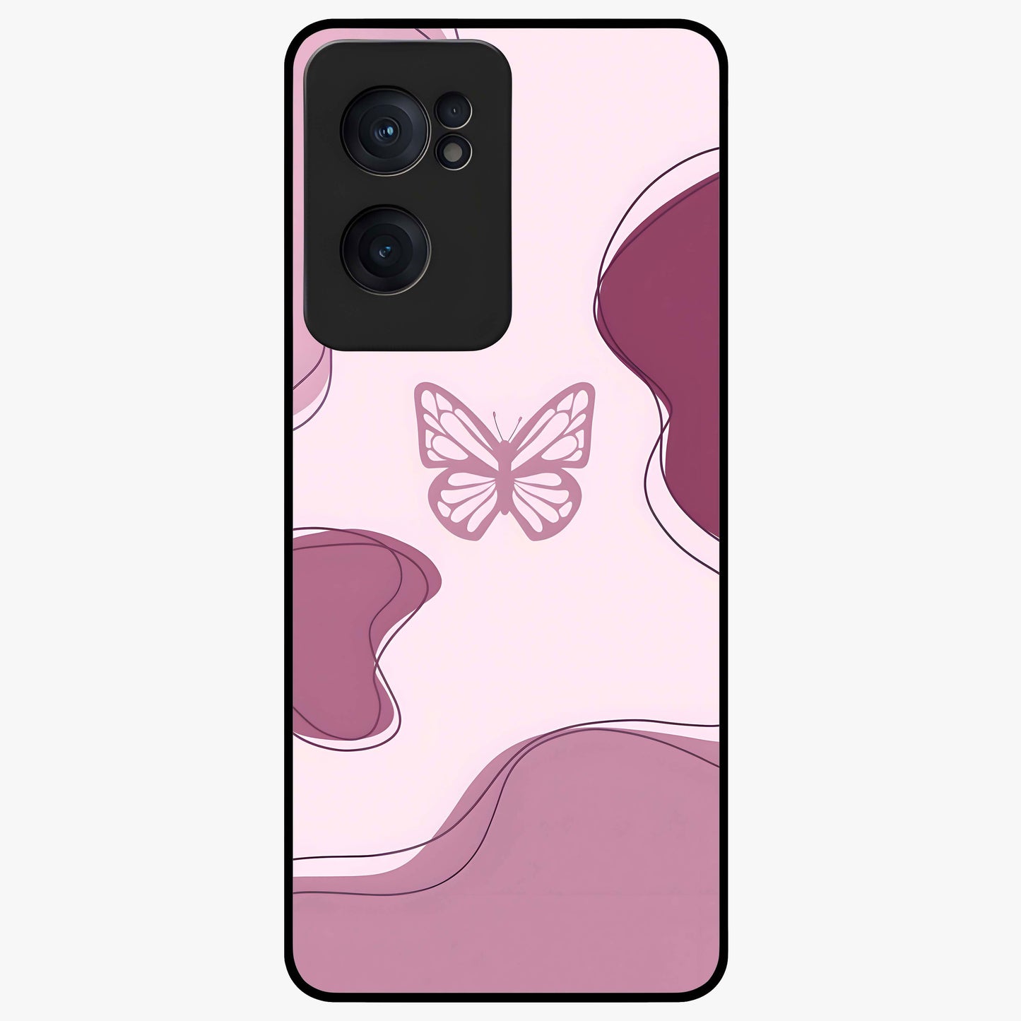 Aesthetic Pinkish Custom Name Butterfly Glass Case for 1+Nord Ce 2  elegant front view featuring pink butterfly artwork with personalized name design