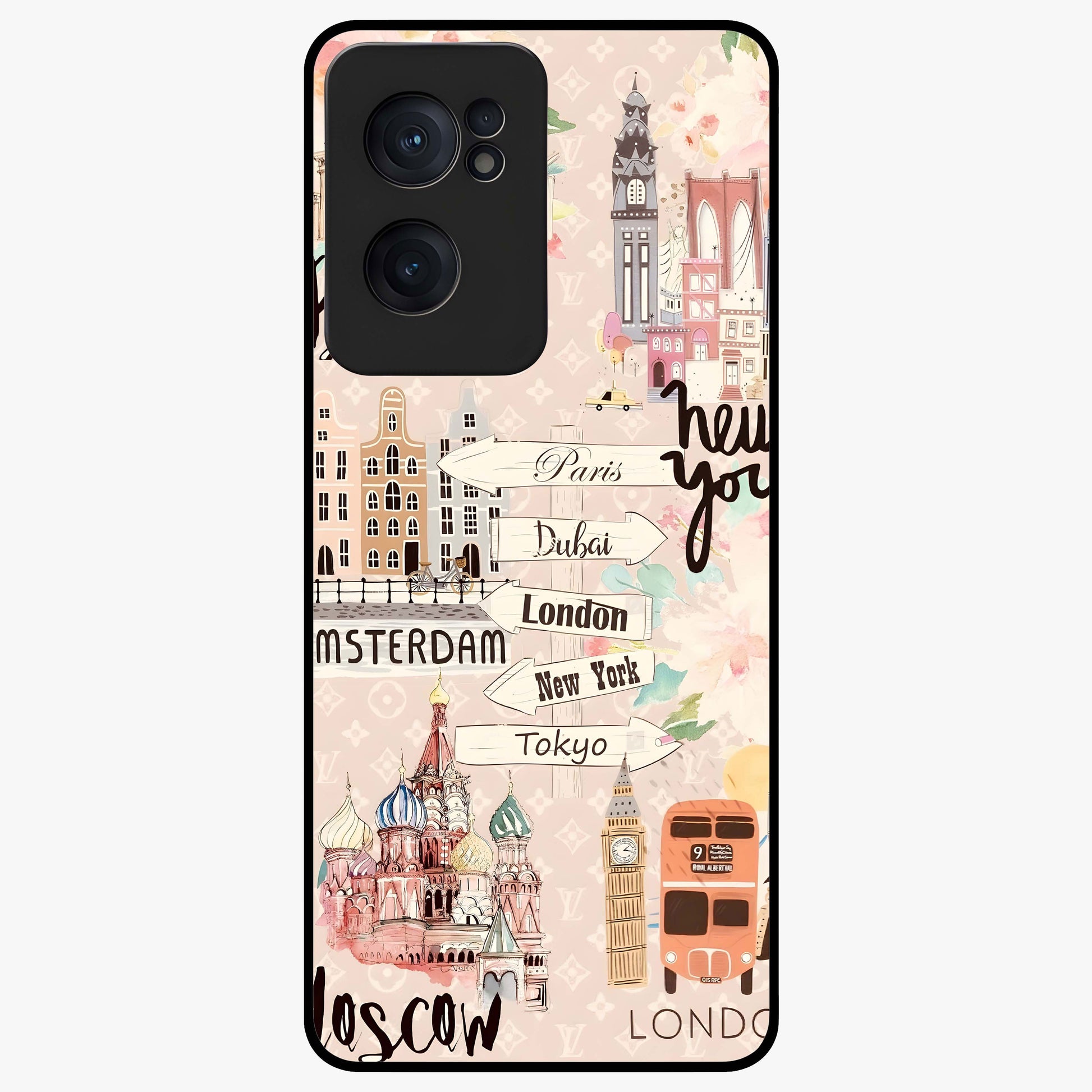 Aesthetic Travel Glass Case for 1+Nord CE 2  front view featuring wanderlust inspired travel artwork