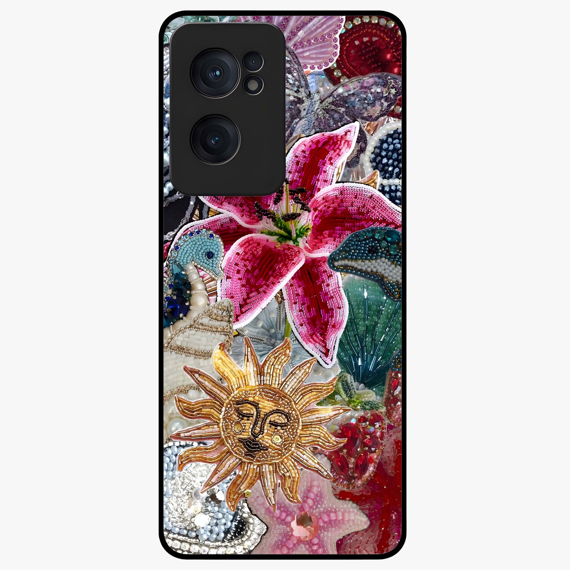 Beaded Garden Fantasy Glass Case for 1+Nord Ce 2  front view featuring colorful beaded floral garden artwork