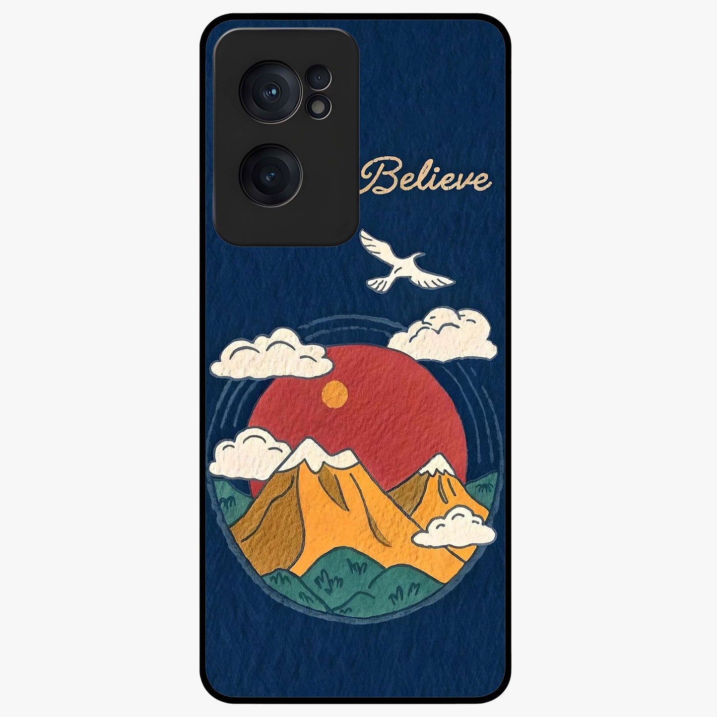 Believe Sky Escape Glass Case for 1+Nord CE 2  inspirational front view featuring sky inspired artwork with uplifting message