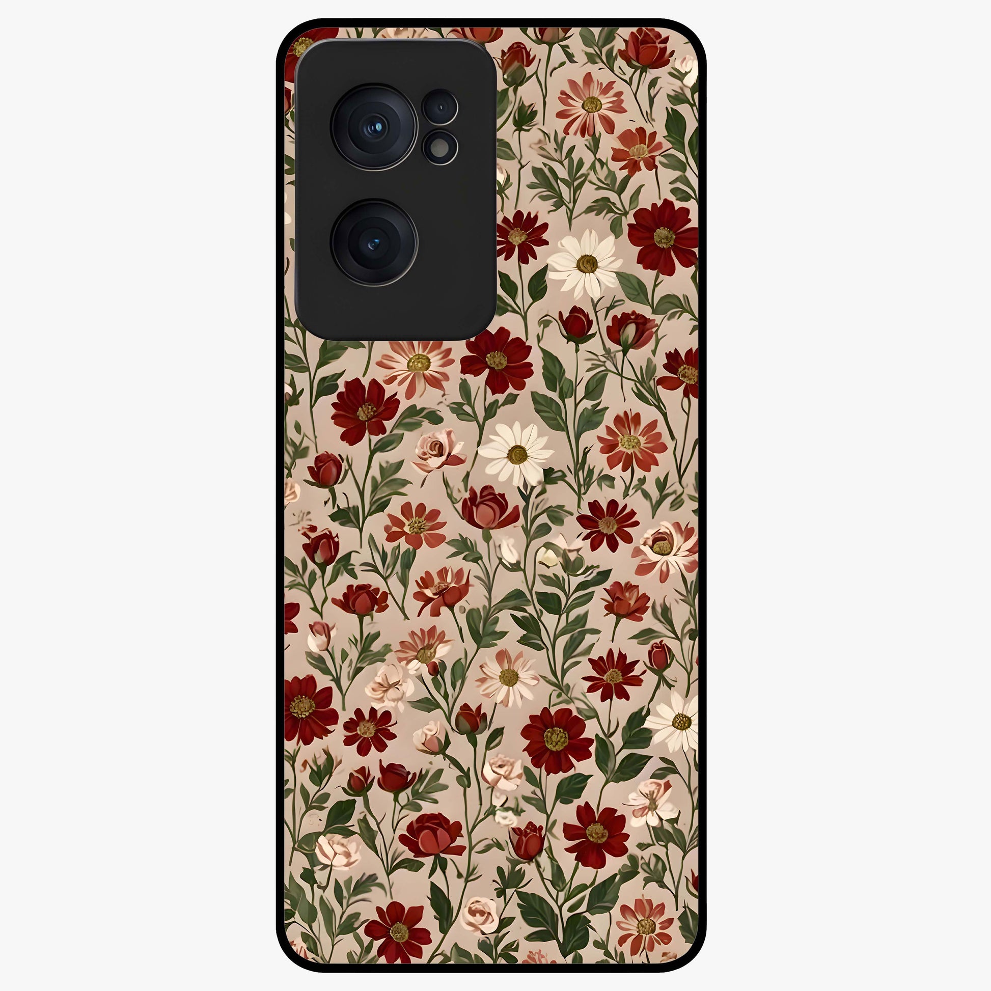 Biege Flower With Leaf Glass Case for 1+Nord CE 2  front view featuring soft beige floral artwork with leaf detailing