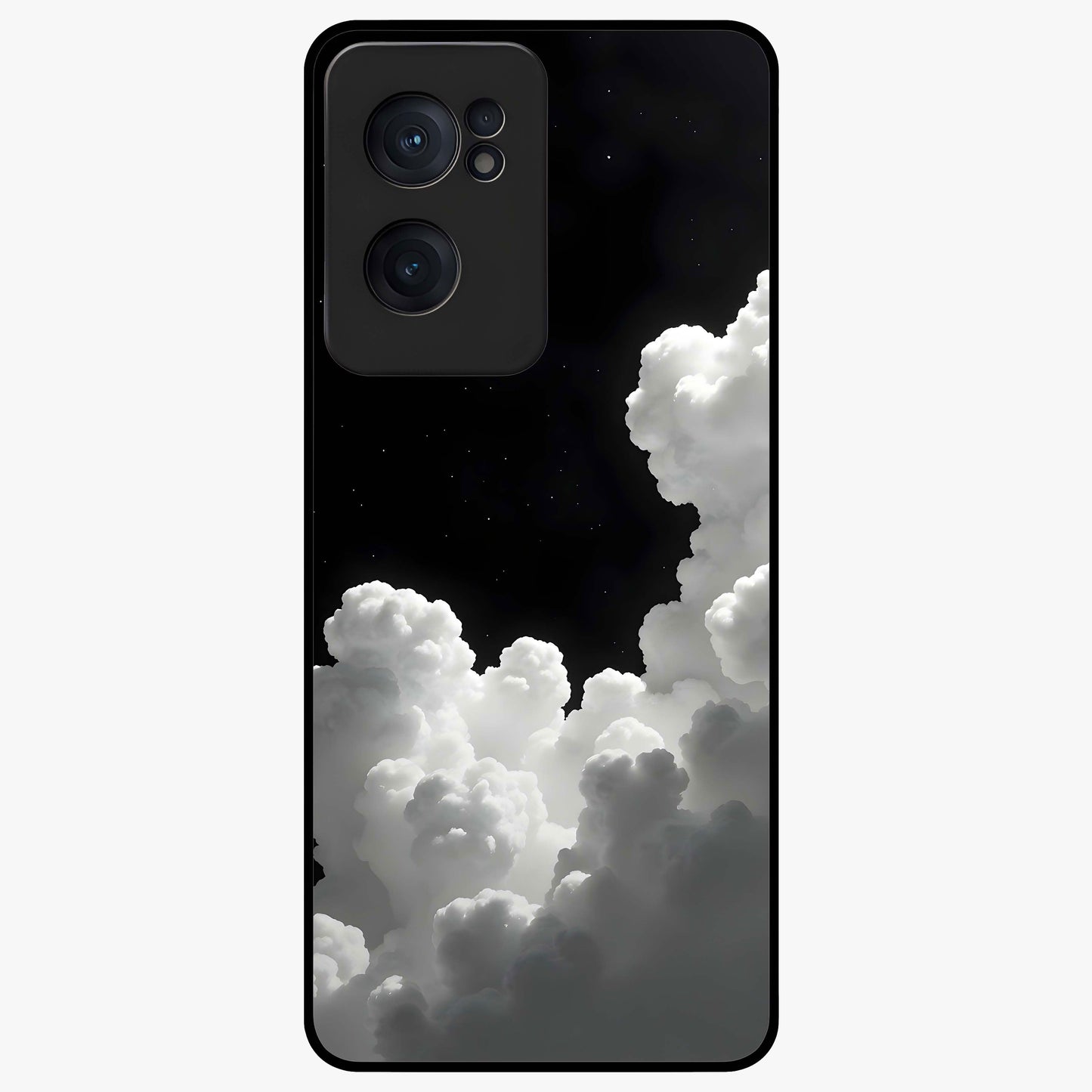 Black Background With White Cloud Glass Case for 1+Nord CE 2  striking front view featuring white cloud artwork on deep black backdrop