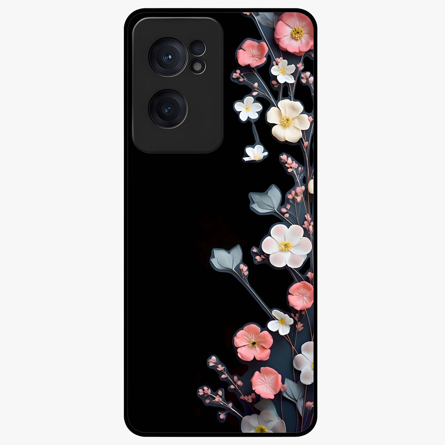Black Elegance Floral Custom Name Glass Case for 1+Nord CE 2  luxurious front view featuring floral artwork with personalized name design