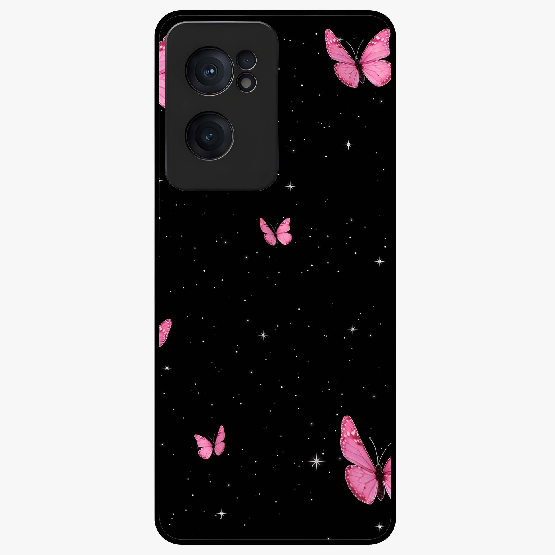 Blinking Butterfly Glass Case for 1+Nord CE 2  showing full back design in clean flat view with delicate butterfly artwork and glossy glass finish.