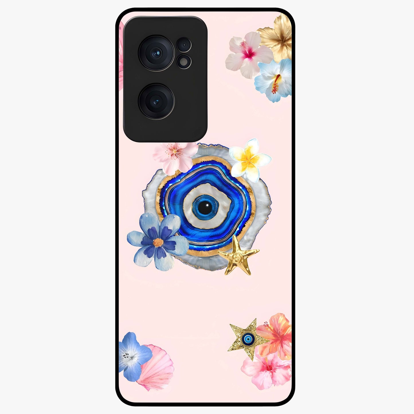 Blossom Evil Charm Glass Case for 1+Nord CE 2  elegant front view featuring floral evil eye inspired artwork