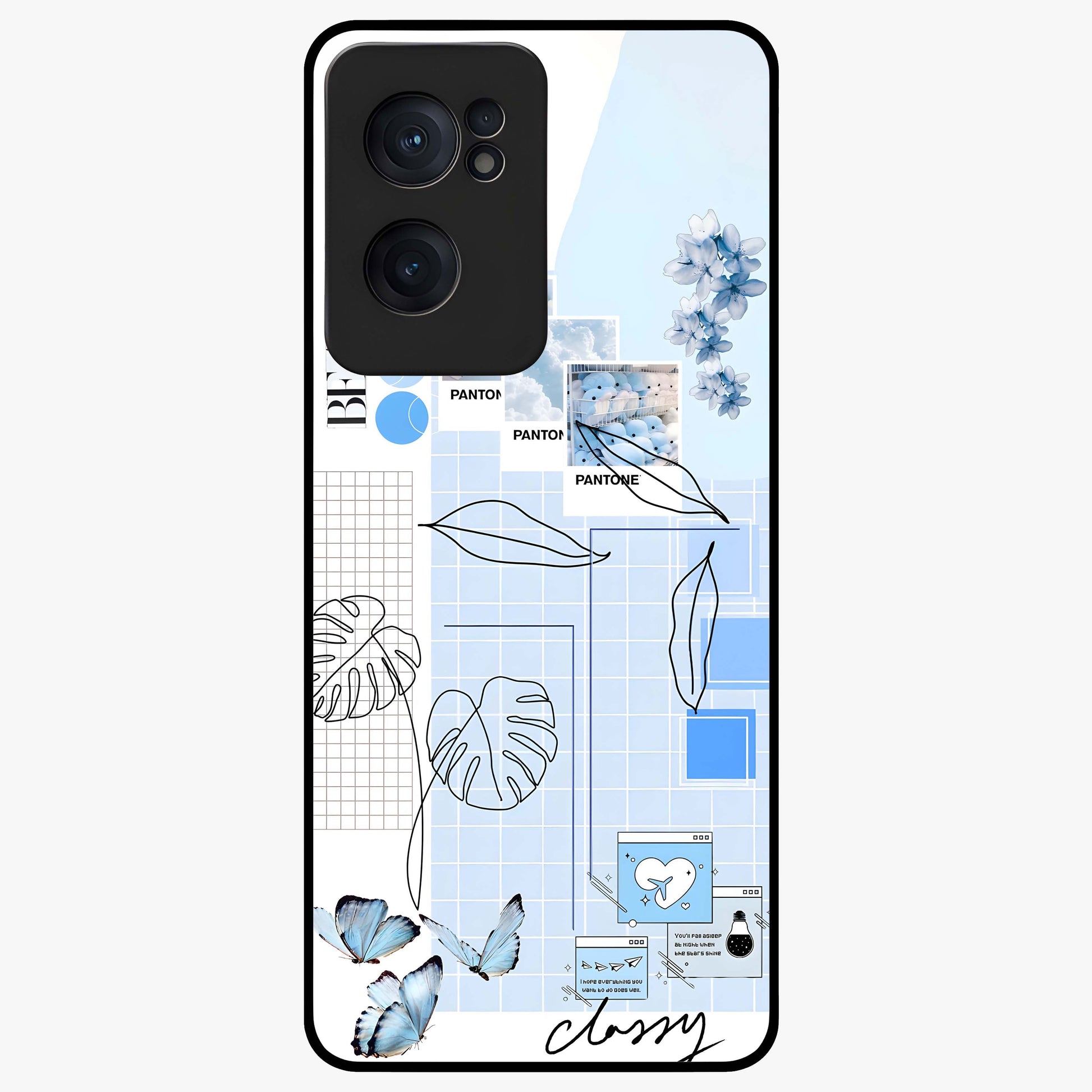 Blue Aesthetic Flower Glass Case for 1+Nord CE 2  elegant front view featuring soft blue floral artwork