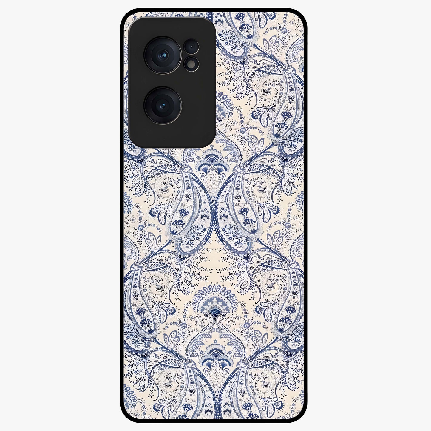 Blue Paisley Bloom Glass Case for 1+Nord CE 2  intricate front view featuring paisley floral artwork in rich blue tones