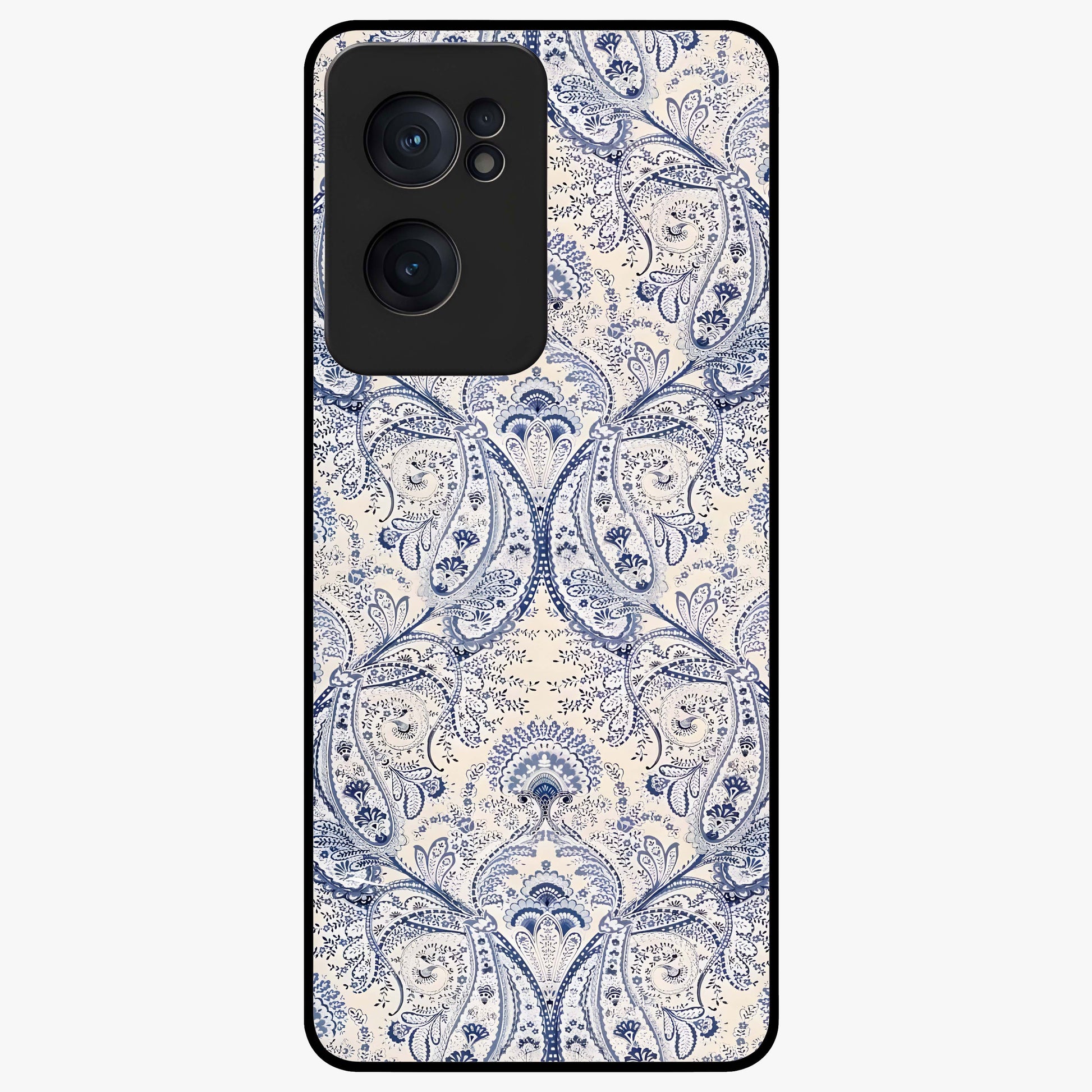 Blue Paisley Bloom Glass Case for 1+Nord CE 2  intricate front view featuring paisley floral artwork in rich blue tones