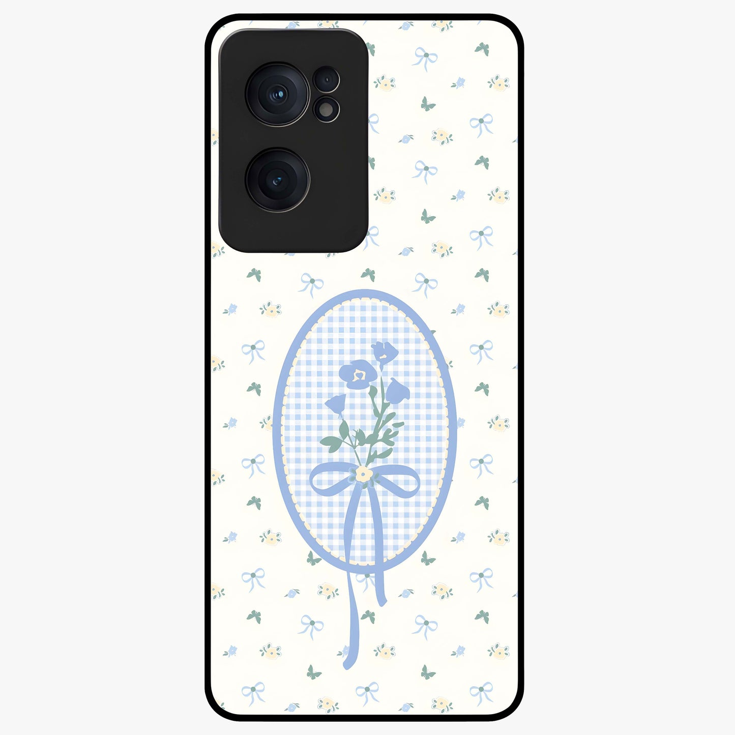Blue Ribbon Bloom Glass Case for 1+Nord CE 2  elegant front view featuring soft floral artwork with ribbon accents