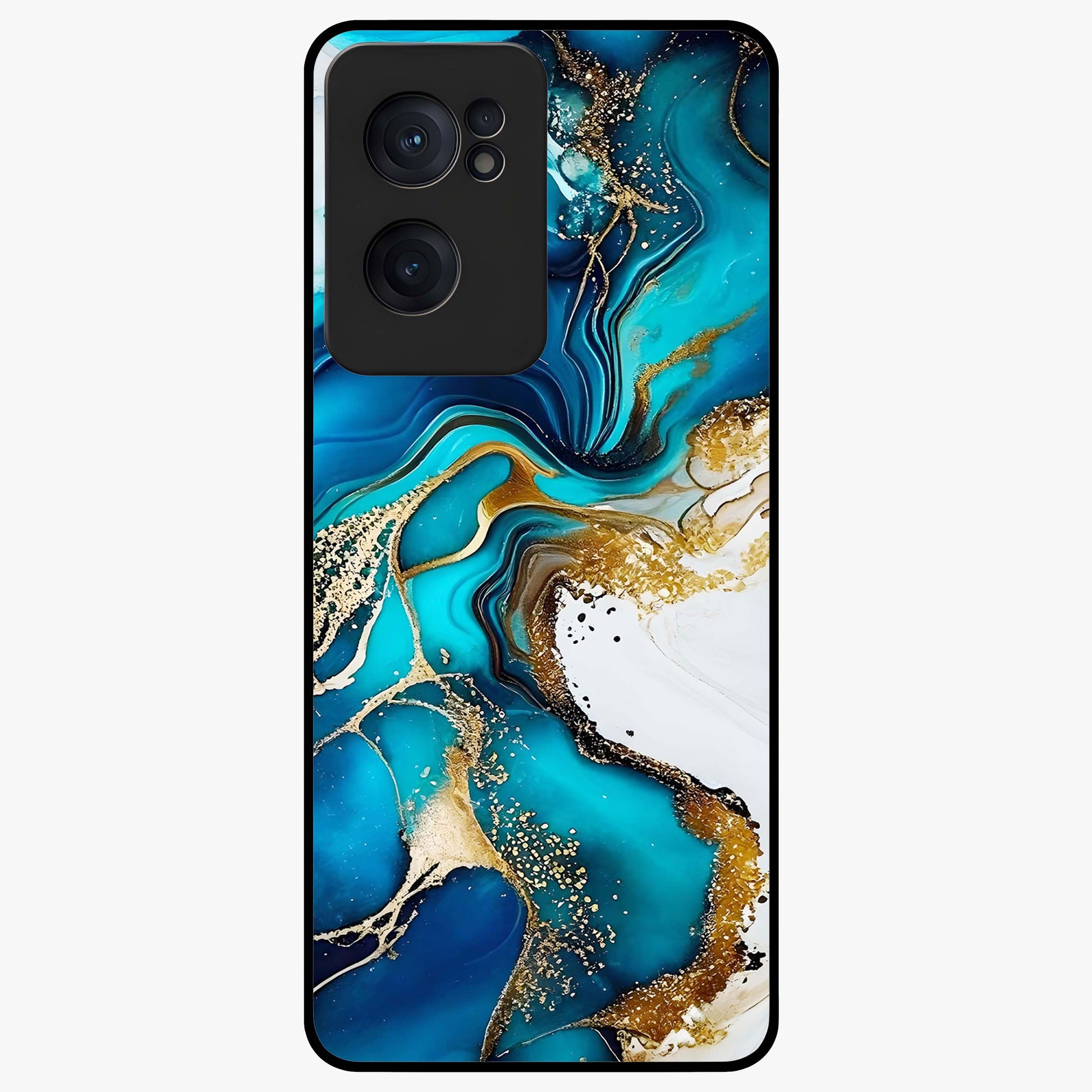 Blue and White Marble With Golden Viens Art Glass Case for 1+Nord Ce 2  luxurious front view featuring marble texture with golden vein detailing