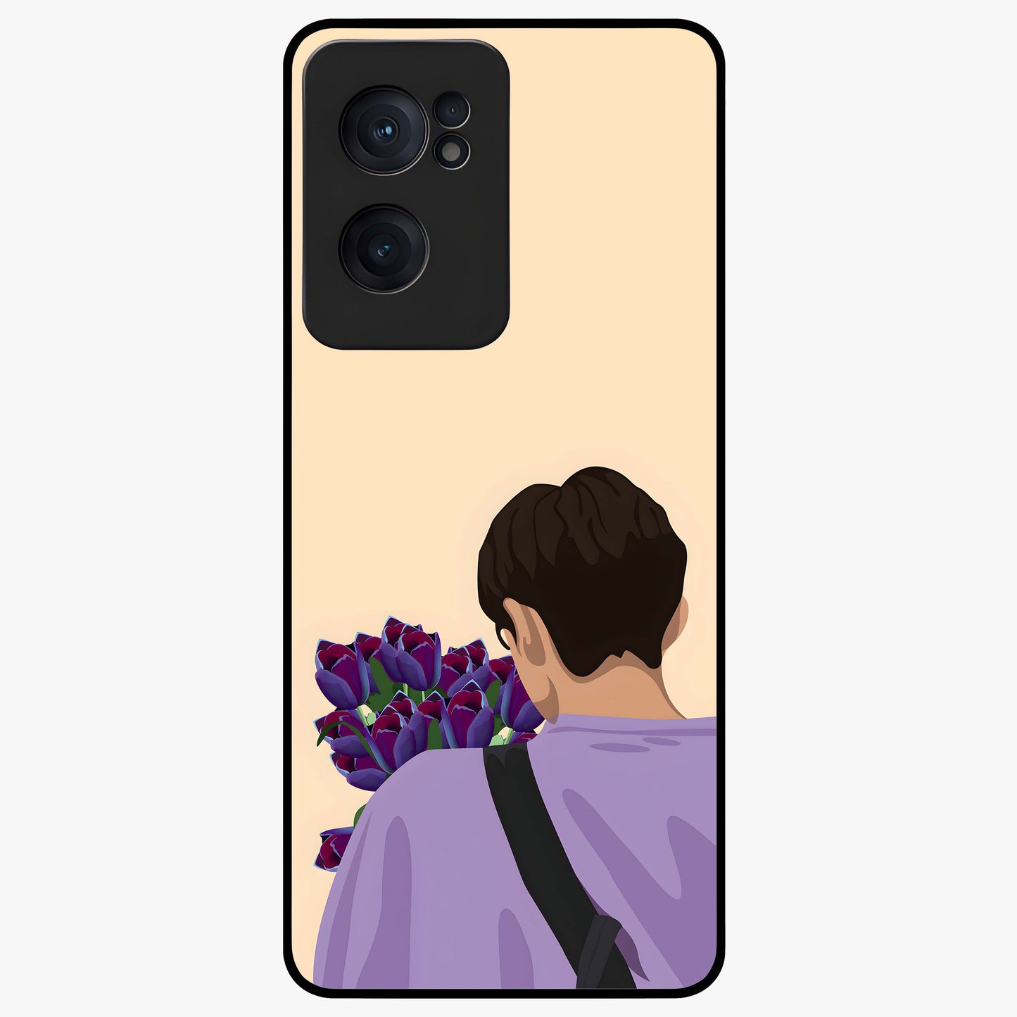 Boy Holding Flowers Glass Case for 1+Nord CE 2  aesthetic front view featuring soft illustrated character holding floral bouquet