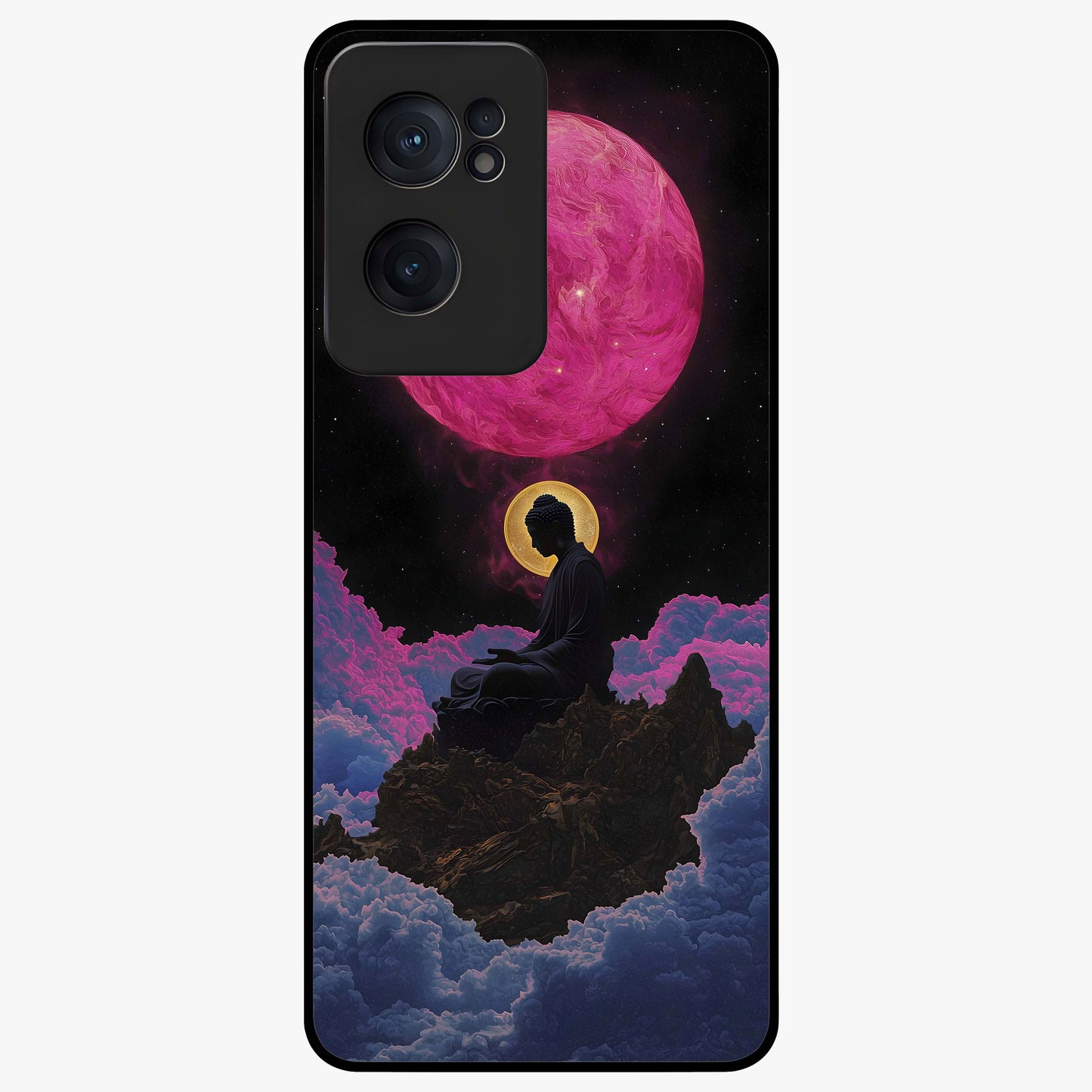 Buddha and Planets Glass Case for 1+Nord Ce 2  serene front view featuring Buddha artwork with cosmic planetary background